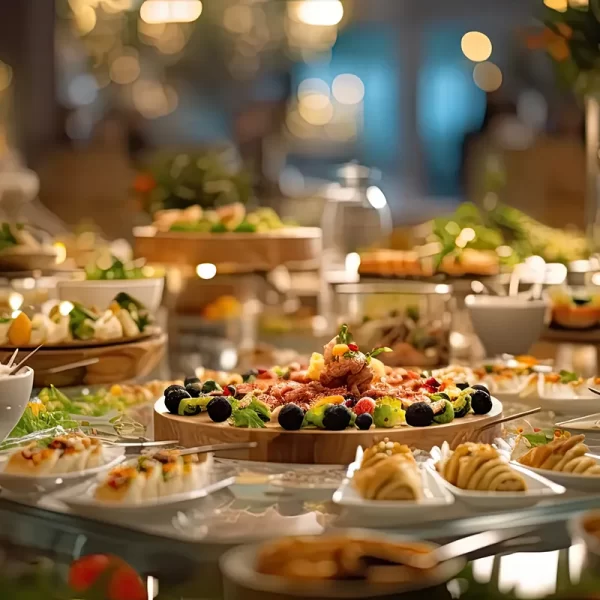 Christmas Buffet Party, catering festive buffet food table at Movenpick Cam Ranh in Vietnam.