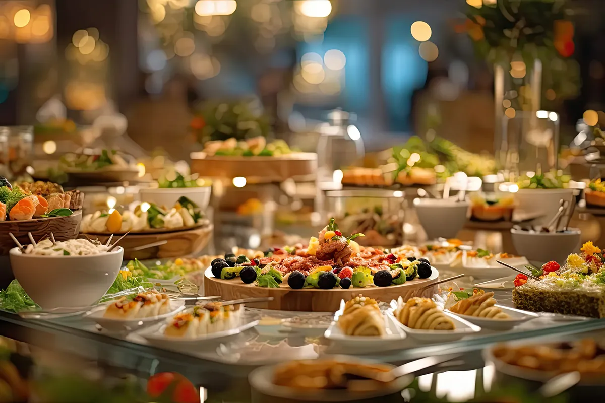 Christmas Buffet Party, catering festive buffet food table at Movenpick Cam Ranh in Vietnam.